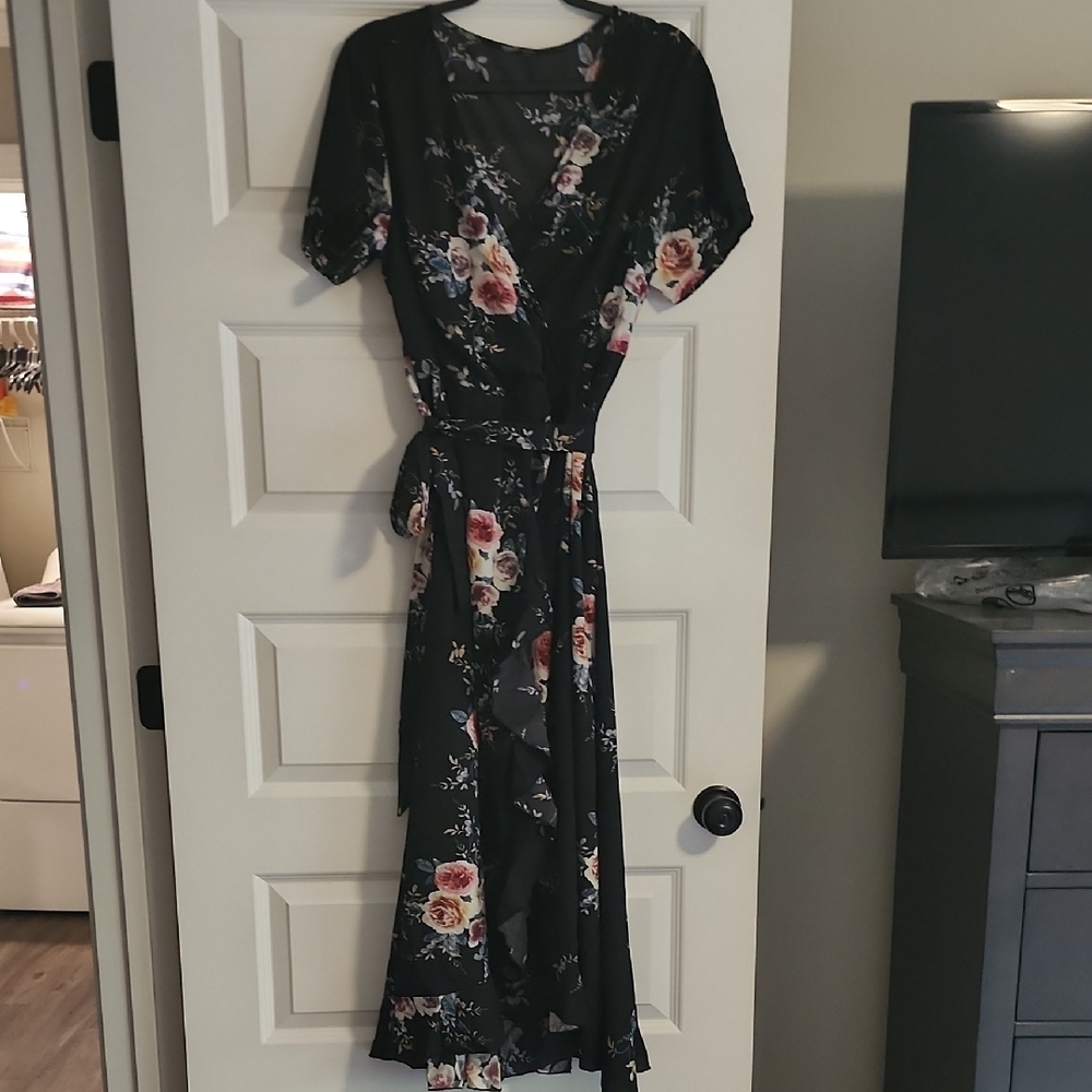 Floral Black Wrap Dress